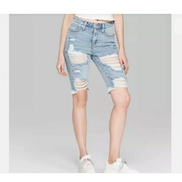 wild fable Pants - High Waist Distressed Bermuda Cut Off Jean Shorts